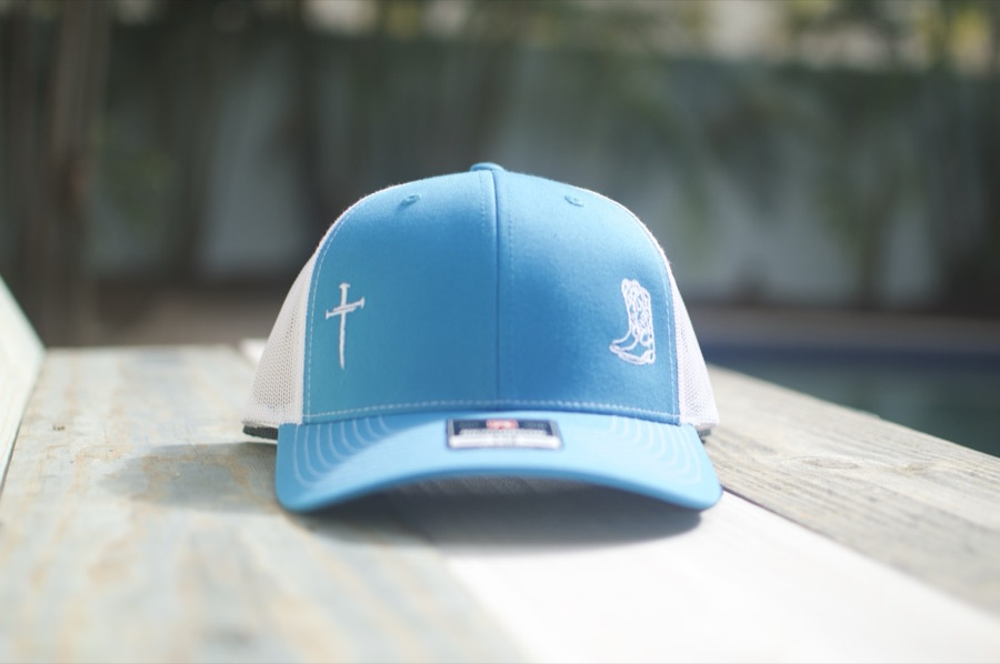 Custom Florida Cross trucker hat on Richardson 112 photographed by the pool in South Florida
