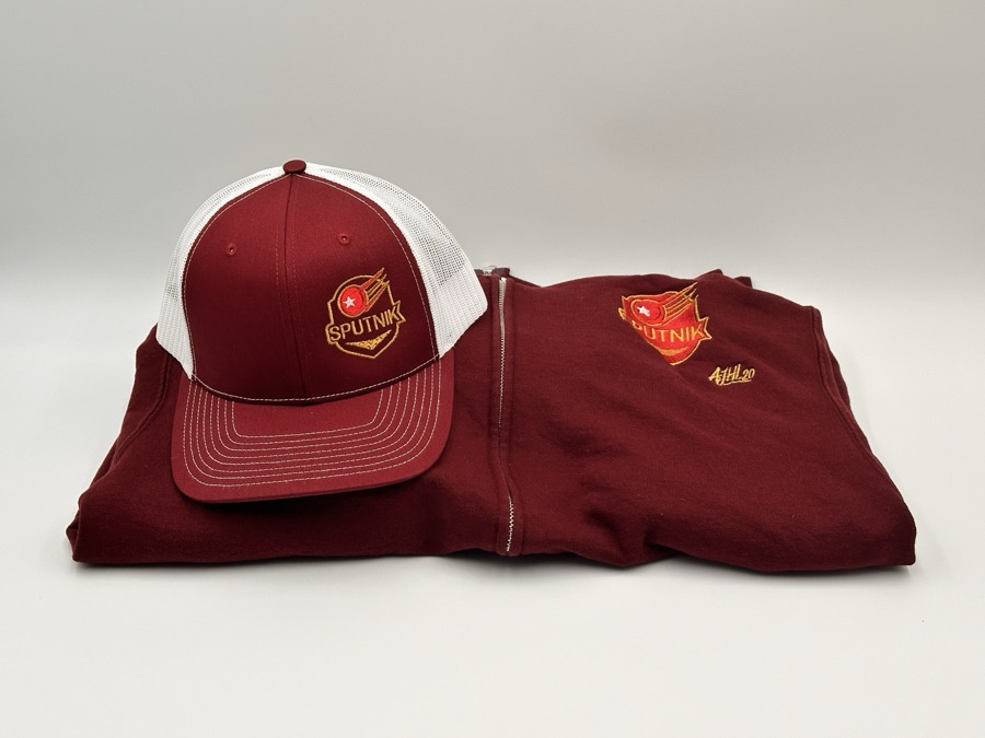 SPUTNIK AJHL set — embroidered maroon trucker hat with matching maroon zip-up hoodie