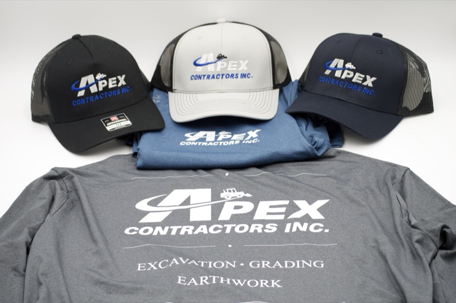 Apex Contractors Inc. full uniform package — embroidered Richardson 112 hats in 3 colorways with matching tees and long-sleeve back print